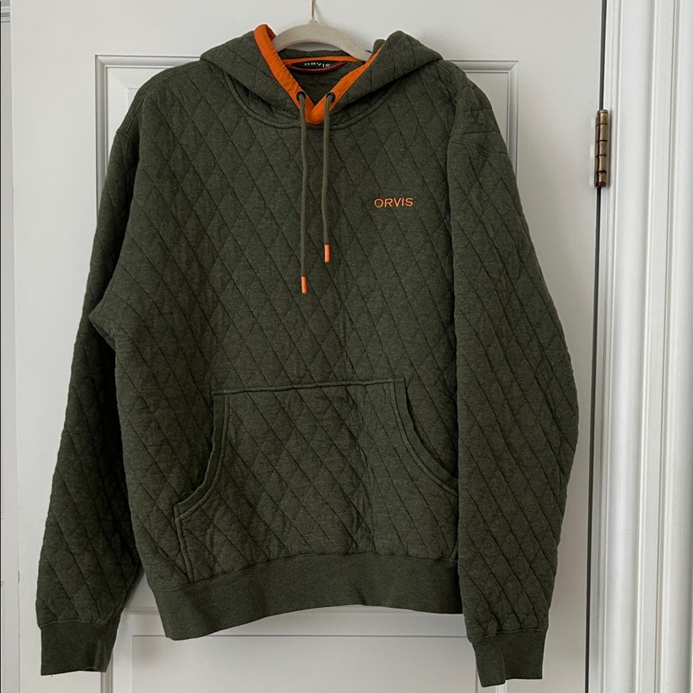 Orvis Olive Quilted Hoodie with Bright Orange Details